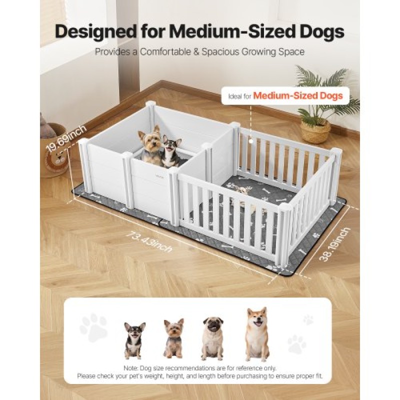 VEVOR Dog Whelping Box, 1,86x0,97x0,5 m, Πλαστικό στυλό για σκύλους με ρυθμιζόμενο ύψος πόρτας, παρκοκρέβατο κουταβιών με αδιάβροχο μαξιλάρι κατούρησης, εύκολο στο καθάρισμα, ανθεκτικό σετ γέννησης κατοικίδιων εσωτερικού χώρου για σκύλους μεσαίου μεγέθους