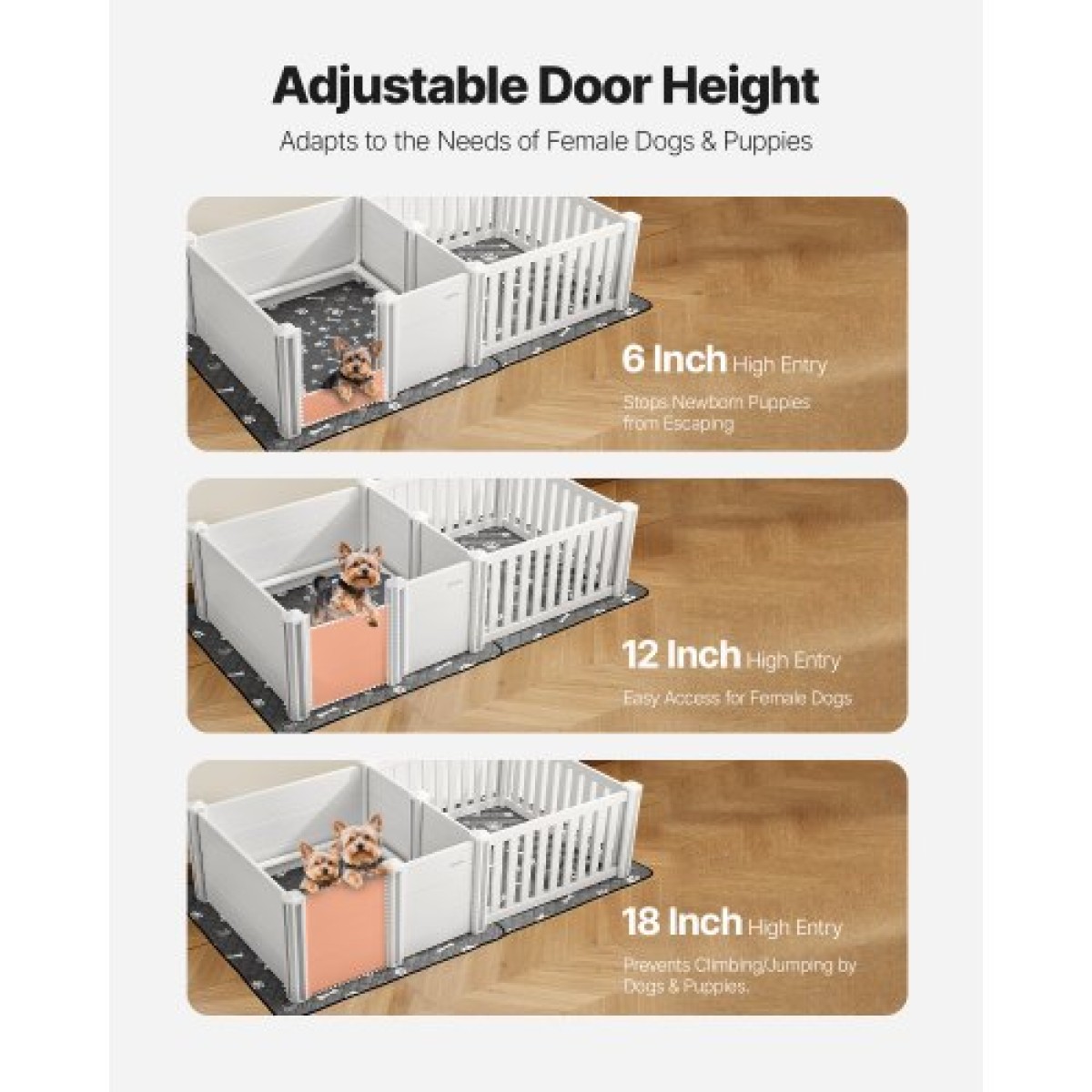 VEVOR Dog Whelping Box, 1,86x0,97x0,5 m, Πλαστικό στυλό για σκύλους με ρυθμιζόμενο ύψος πόρτας, παρκοκρέβατο κουταβιών με αδιάβροχο μαξιλάρι κατούρησης, εύκολο στο καθάρισμα, ανθεκτικό σετ γέννησης κατοικίδιων εσωτερικού χώρου για σκύλους μεσαίου μεγέθους
