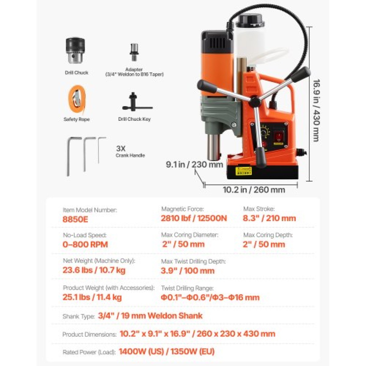 VEVOR Magnetic Drill Press, 1350 W, 50 mm Boring Diameter, Power Portable Mag Drill Press 12500N, 0–800 RPM Ρυθμιζόμενη ταχύτητα, με στέλεχος Weldon, για μεταλλική επιφάνεια, βιομηχανική και οικιακή βελτίωση