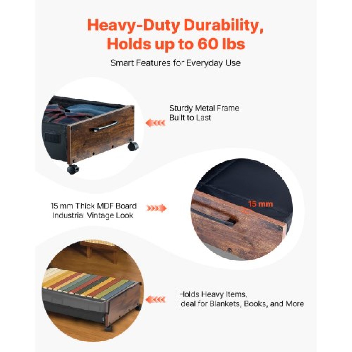 VEVOR Under Bed Storage με ρόδες, 650 x 460 x 180 mm δοχεία κάτω από το κρεβάτι, Organizer για παπούτσια κάτω από το κρεβάτι με ρόδες που κλειδώνουν, Rolling under the bed Αποθηκευτικοί κάδοι για ρούχα, παπούτσια, κουβέρτες, 2 πακέτο
