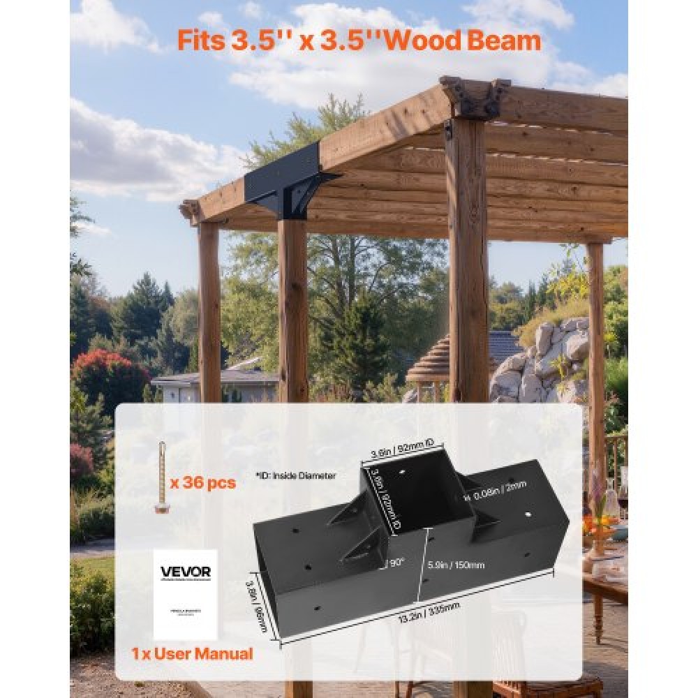 VEVOR 4x4 Inch Pergola Bracket Kit Inner 3.5x3.5 3-Way Woodworks DIY Post 2 pcs