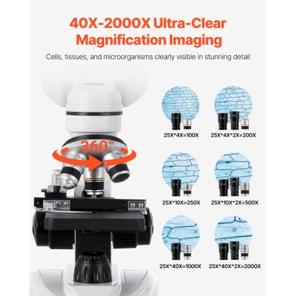 VEVOR Professional Binocular Compound Microscope Kit 40-2000X Magnification