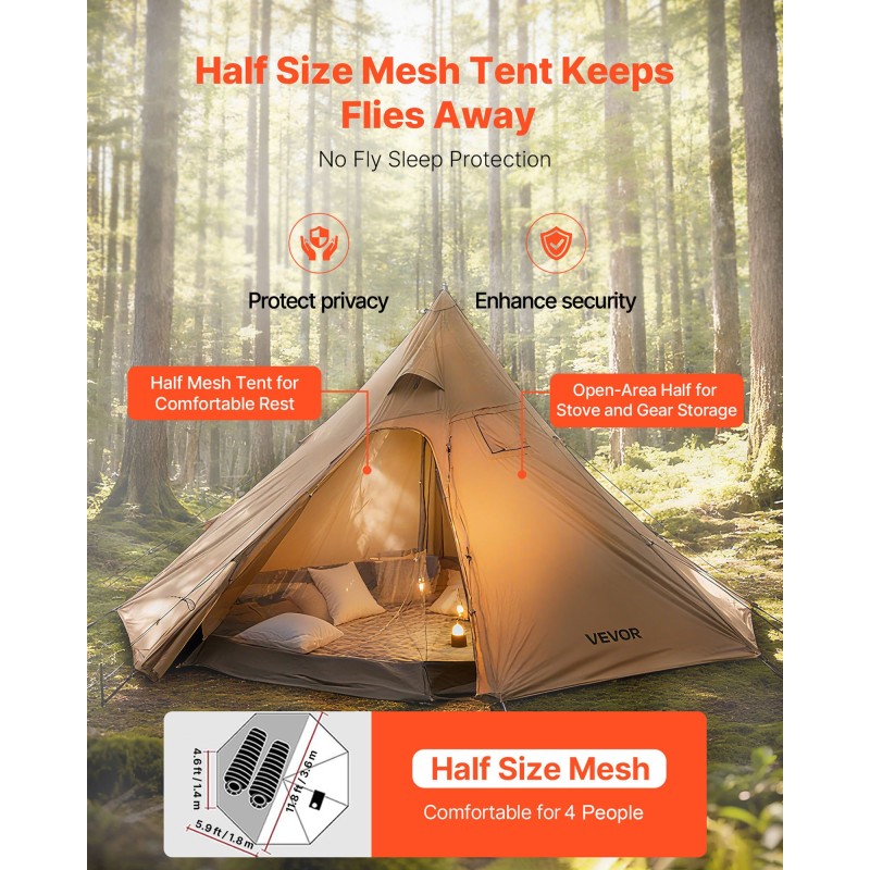 VEVOR Hot Tent για 4 Άτομα, Camping Tipi Hot Tents with Stove Jack & Inner Tent, Φορητές χειμερινές σκηνές κάμπινγκ με Snow Skint, Εύκολη ρύθμιση, Αδιάβροχες σκηνές καταφυγίου 4 εποχών για ψάρεμα backpacking