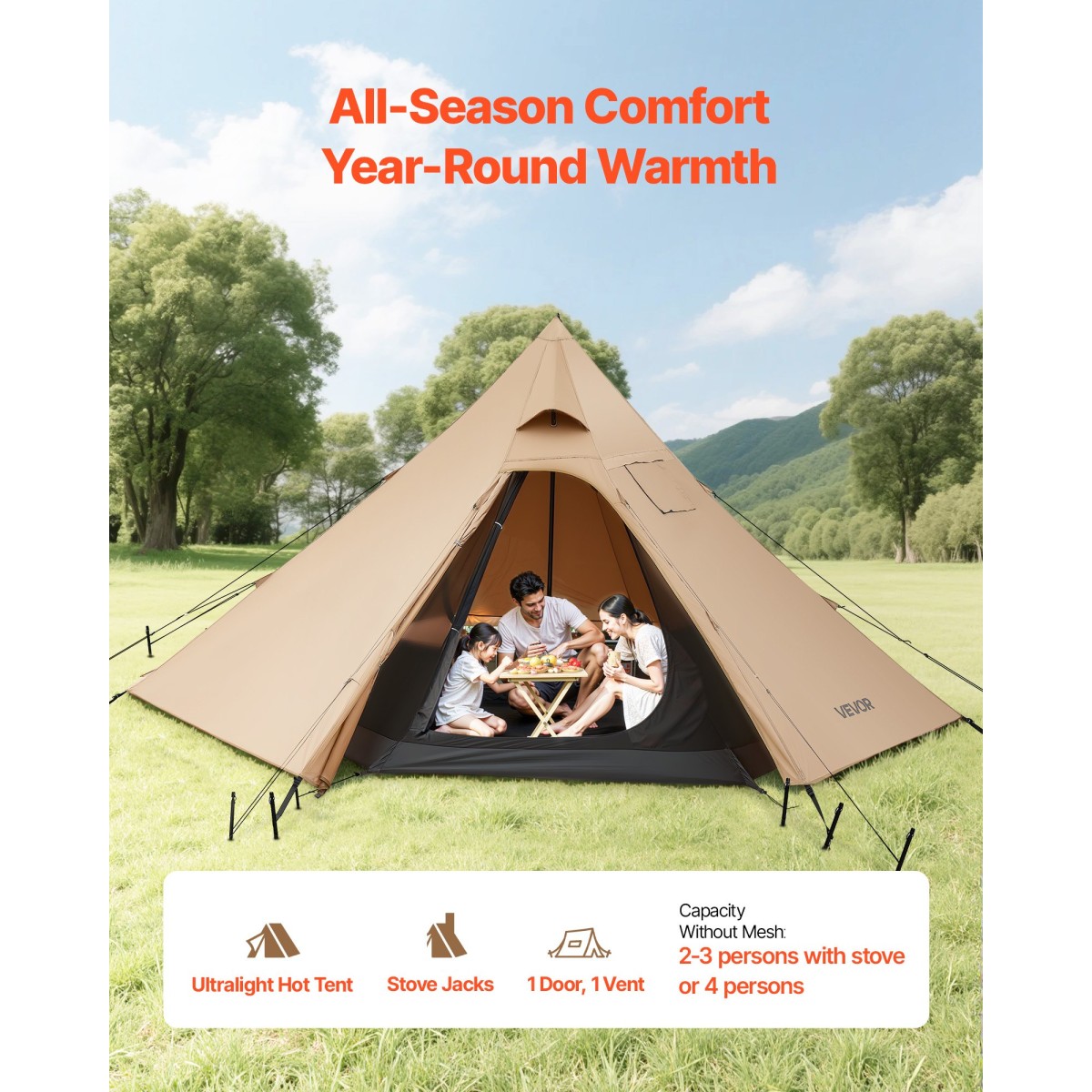 VEVOR Hot Tent για 4 Άτομα, Camping Tipi Hot Tents with Stove Jack & Inner Tent, Φορητές χειμερινές σκηνές κάμπινγκ με Snow Skint, Εύκολη ρύθμιση, Αδιάβροχες σκηνές καταφυγίου 4 εποχών για ψάρεμα backpacking