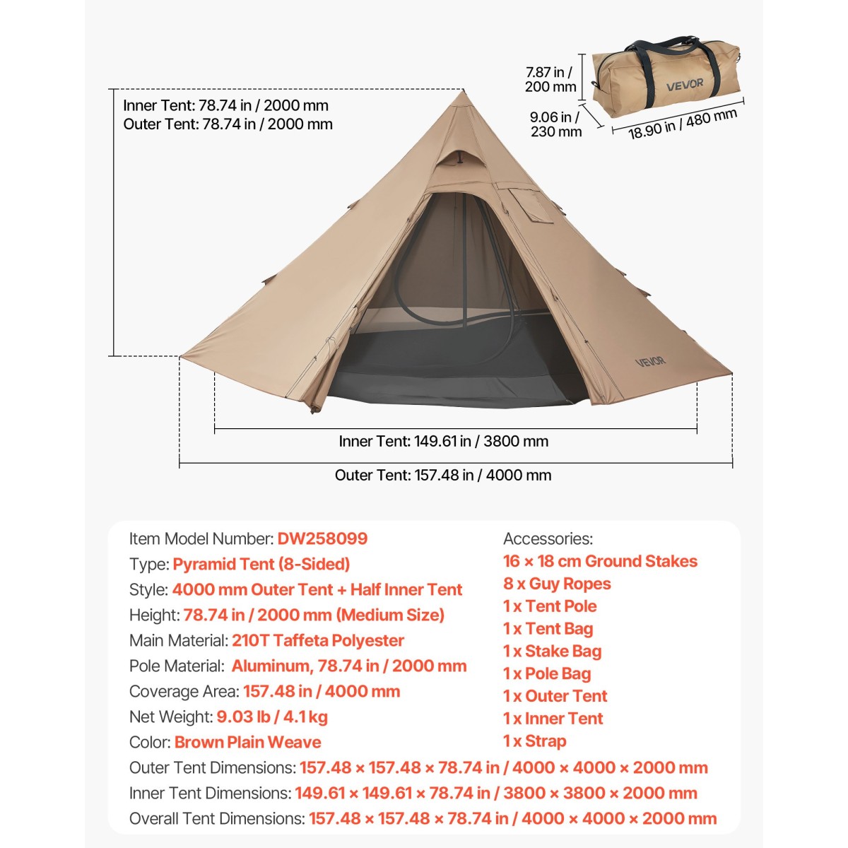 VEVOR Hot Tent για 4 Άτομα, Camping Tipi Hot Tents with Stove Jack & Inner Tent, Φορητές χειμερινές σκηνές κάμπινγκ με Snow Skint, Εύκολη ρύθμιση, Αδιάβροχες σκηνές καταφυγίου 4 εποχών για ψάρεμα backpacking