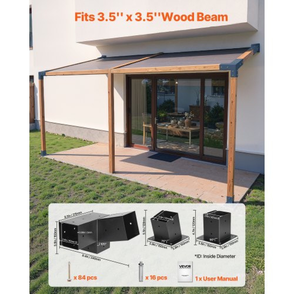 VEVOR Pergola Kit, 4x4 Inch 3-Way Slanted Brackets for 92 x 92 mm Wood Beams in Actual Size, 2-Pack Pergola Brackets with 2 Post Bases and 2 Wall Mount Bases, for Outdoor Pergolas, Gazebos, Sheds