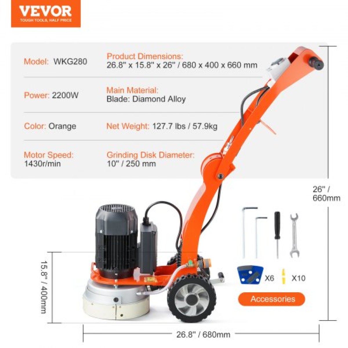 Ρυθμιζόμενο μηχάνημα μύλος δαπέδου VEVOR 10"/25,4 cm Walk-Behind Polisher 3.0HP