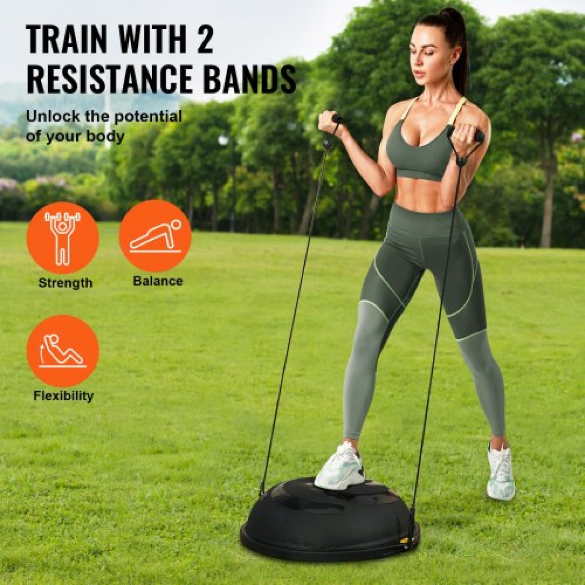 VEVOR Half Exercise Ball Trainer, 26 ιντσών Balance Ball Trainer, 1500lbs Capacity Stability Ball, Yoga Ball with Resistance Bands & Foot Pump, Strength Fitness Ball for Home Gym Workout Full Body Μαύρο