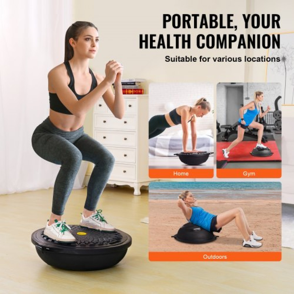 VEVOR Half Exercise Ball Trainer, 26 ιντσών Balance Ball Trainer, 1500lbs Capacity Stability Ball, Yoga Ball with Resistance Bands & Foot Pump, Strength Fitness Ball for Home Gym Workout Full Body Μαύρο