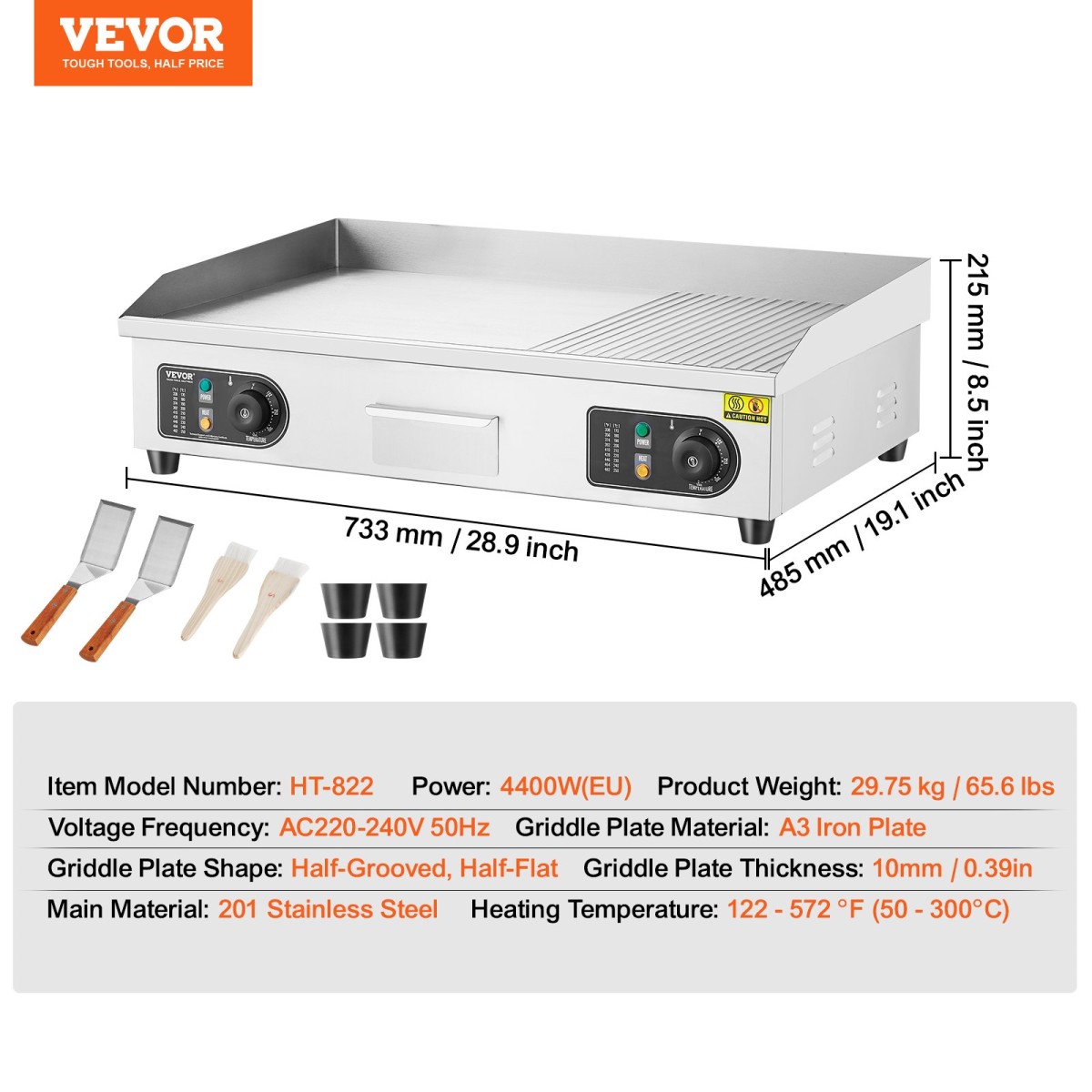 Εμπορική ηλεκτρική σχάρα VEVOR, 28,54 x 15,75 ίντσες, 4400 W, Ρυθμιζόμενος έλεγχος θερμοκρασίας 122-570°F, Πάγκος από ανοξείδωτο χάλυβα, μισό επίπεδος αυλακωτός, με 2 σπάτουλες και 2 βούρτσες, για μπριζόλα (ΧΩΡΙΣ ΠΙΣΩ)