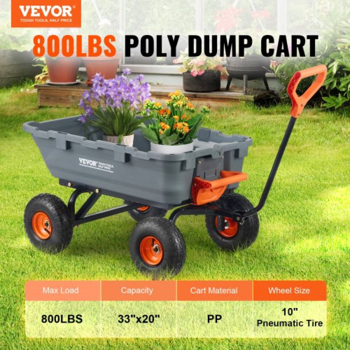VEVOR Poly Garden Dump Cart Heavy-ty Yard Carts and Wagons 800 lbs/363,6 kg 10"/25,4 cm Ελαστικά