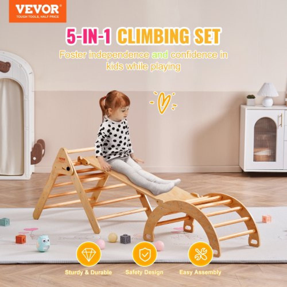 VEVOR Pikler Triangle Set, 5 σε 1 Toddler Climbing Toys Indoor Playground, Montessori Climbing Set με Τρίγωνο, Ράμπα και Αψίδα, Ξύλινο Γυμναστήριο αναρρίχησης μεγάλου μεγέθους για νήπια 1-3 ετών, χρώμα ξύλου