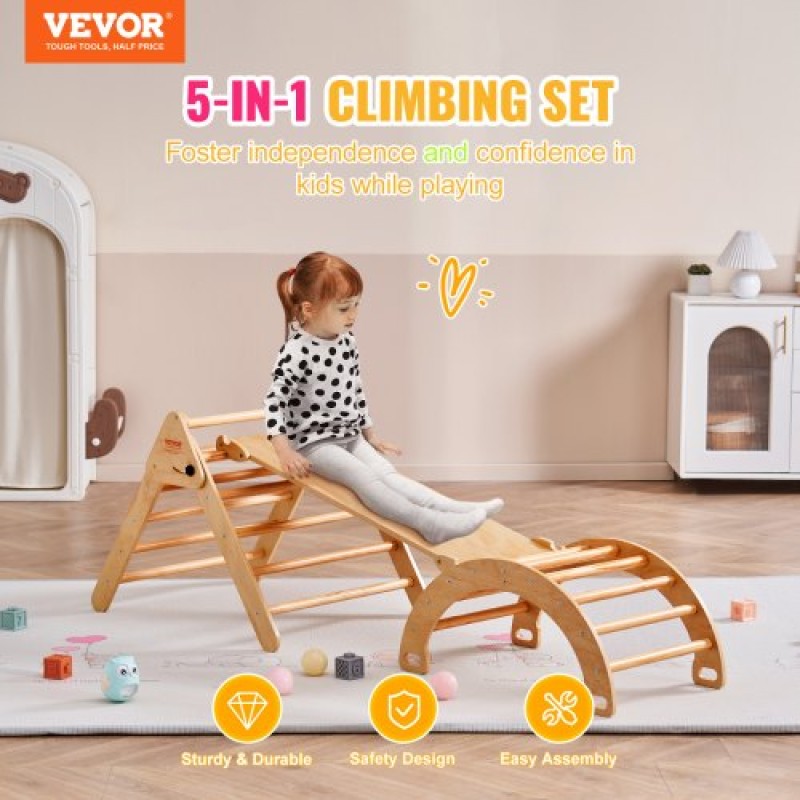 VEVOR Pikler Triangle Set, 5 σε 1 Toddler Climbing Toys Indoor Playground, Montessori Climbing Set με Τρίγωνο, Ράμπα και Αψίδα, Ξύλινο Γυμναστήριο αναρρίχησης μεγάλου μεγέθους για νήπια 1-3 ετών, χρώμα ξύλου