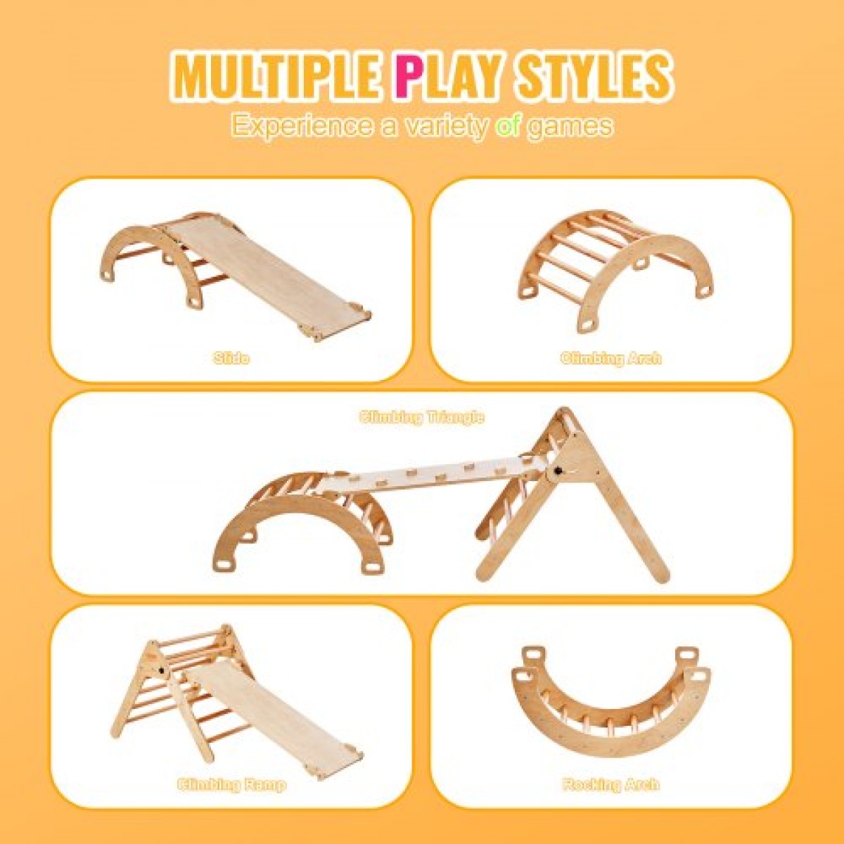 VEVOR Pikler Triangle Set, 5 σε 1 Toddler Climbing Toys Indoor Playground, Montessori Climbing Set με Τρίγωνο, Ράμπα και Αψίδα, Ξύλινο Γυμναστήριο αναρρίχησης μεγάλου μεγέθους για νήπια 1-3 ετών, χρώμα ξύλου