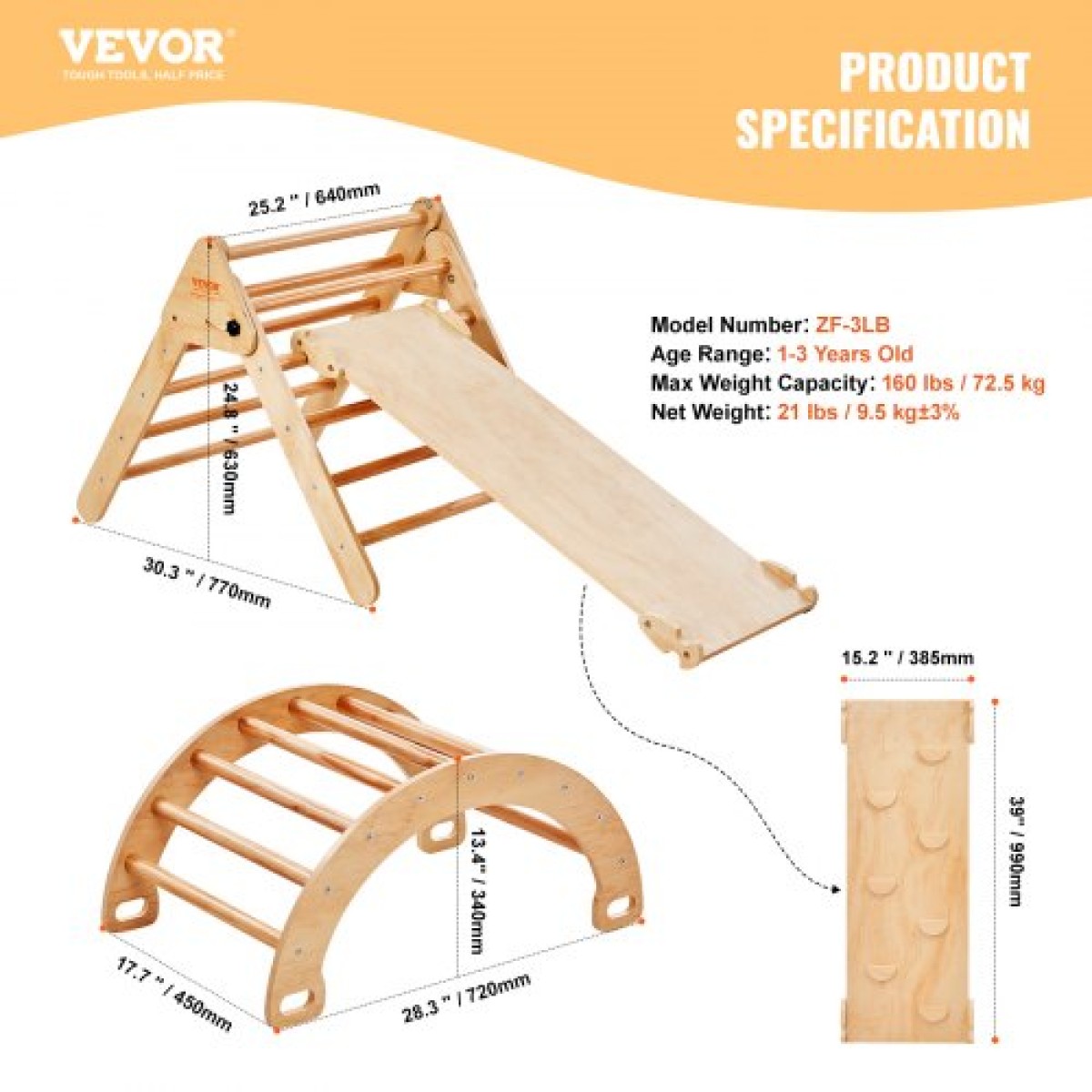 VEVOR Pikler Triangle Set, 5 σε 1 Toddler Climbing Toys Indoor Playground, Montessori Climbing Set με Τρίγωνο, Ράμπα και Αψίδα, Ξύλινο Γυμναστήριο αναρρίχησης μεγάλου μεγέθους για νήπια 1-3 ετών, χρώμα ξύλου