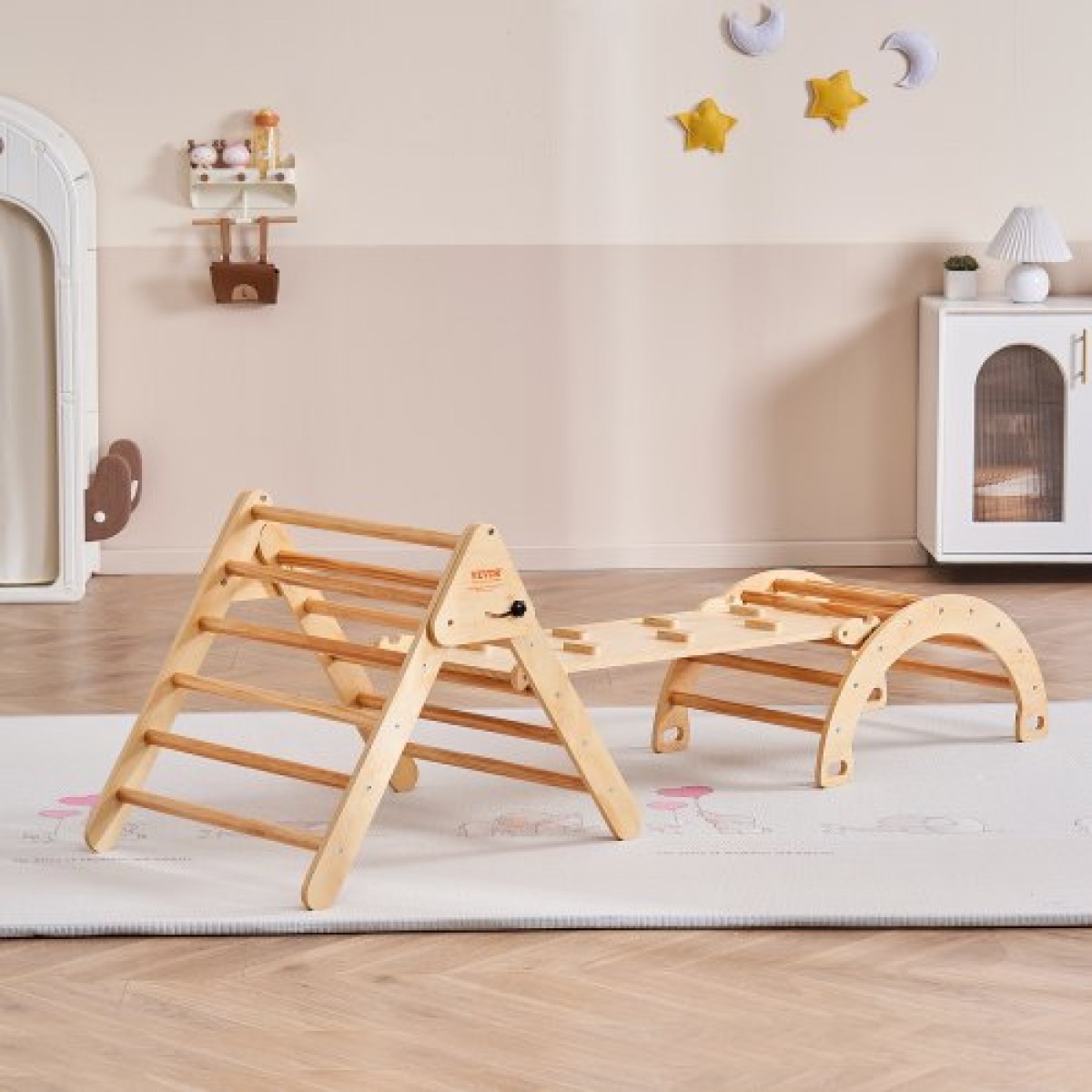 VEVOR Pikler Triangle Set, 5 σε 1 Toddler Climbing Toys Indoor Playground, Montessori Climbing Set με Τρίγωνο, Ράμπα και Αψίδα, Ξύλινο Γυμναστήριο αναρρίχησης μεγάλου μεγέθους για νήπια 1-3 ετών, χρώμα ξύλου