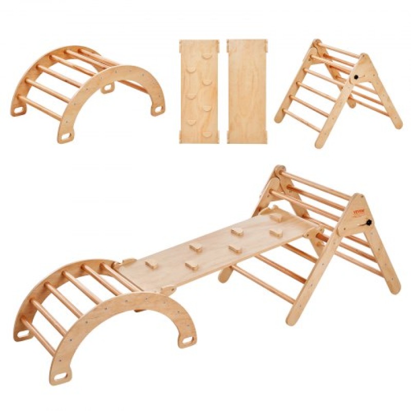 VEVOR Pikler Triangle Set, 5 σε 1 Toddler Climbing Toys Indoor Playground, Montessori Climbing Set με Τρίγωνο, Ράμπα και Αψίδα, Ξύλινο Γυμναστήριο αναρρίχησης μεγάλου μεγέθους για νήπια 1-3 ετών, χρώμα ξύλου