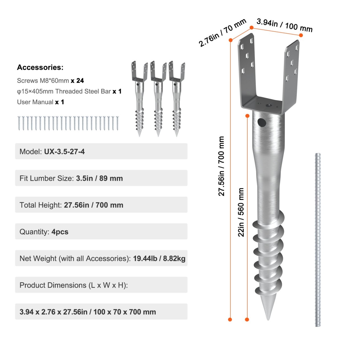 VEVOR No Dig Ground Anchor, 4 Pack 3,94 x 2,76 x 27,56 in/10 x 7 x 70 cm Βίδα DIY σε Post Stake, Περιλαμβάνει 6 Lag Bots & μια ράβδο, βαρέως τύπου ατσάλινη βάση στήριξης, ιδανική για ταχυδρομικές θέσεις και φράχτη
