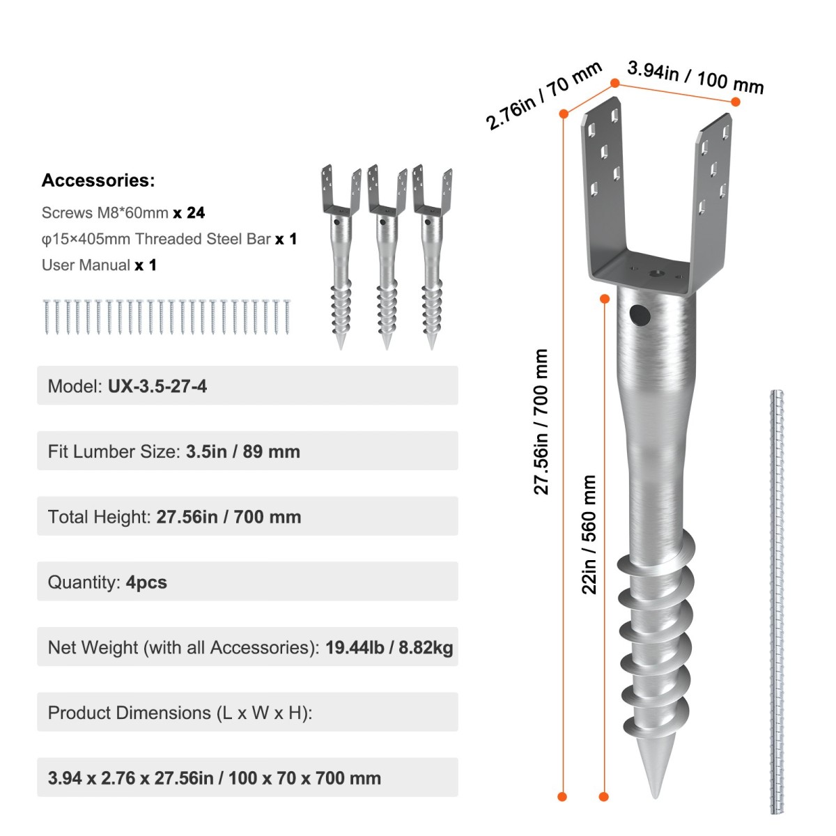 VEVOR No Dig Ground Anchor, 4 Pack 3,94 x 2,76 x 27,56 in/10 x 7 x 70 cm Βίδα DIY σε Post Stake, Περιλαμβάνει 6 Lag Bots & μια ράβδο, βαρέως τύπου ατσάλινη βάση στήριξης, ιδανική για ταχυδρομικές θέσεις και φράχτη
