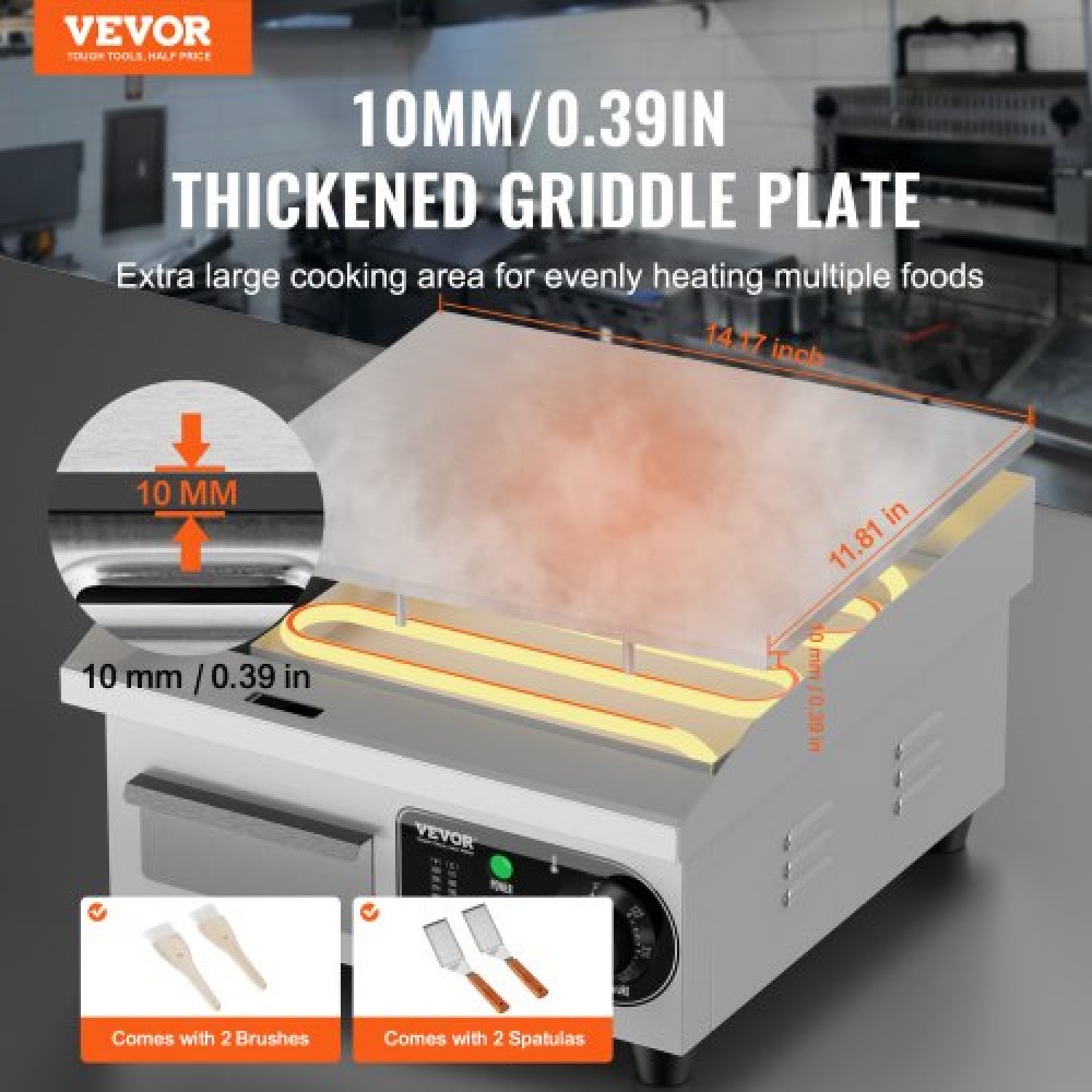 Εμπορική ηλεκτρική σχάρα VEVOR, 355 x 300 mm, 2000 W, ρυθμιζόμενος έλεγχος θερμοκρασίας 50-300°C, Πλήρης επίπεδη σχάρα από ανοξείδωτο ατσάλι με 2 σπάτουλες και 2 βούρτσες, για μπριζόλα, τηγανίτα, καλαμάρια