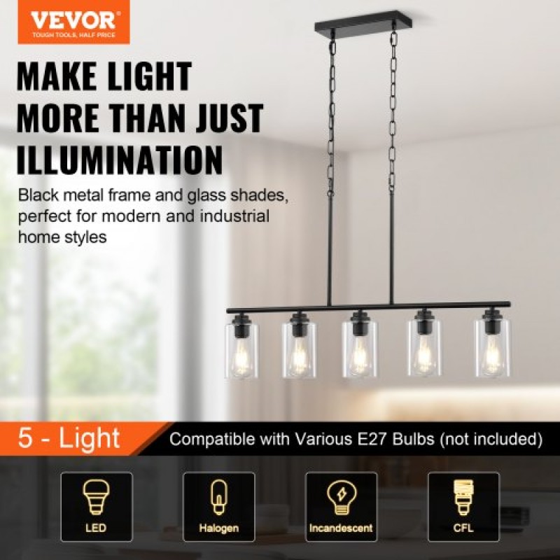 VEVOR 5-φωτά Κρεμαστά Φώτα Κουζίνας Island, 60W, Ρυθμιζόμενο Φωτιστικό Τραπεζαρίας με Διαφανές Γυαλί αμπαζούρ 4 Ράβδοι 2 Μεταλλικές Αλυσίδες, Γραμμικοί Πολυέλαιοι Αγροικίας με Μεταλλικό Πλαίσιο για Τραπεζαρία, E27