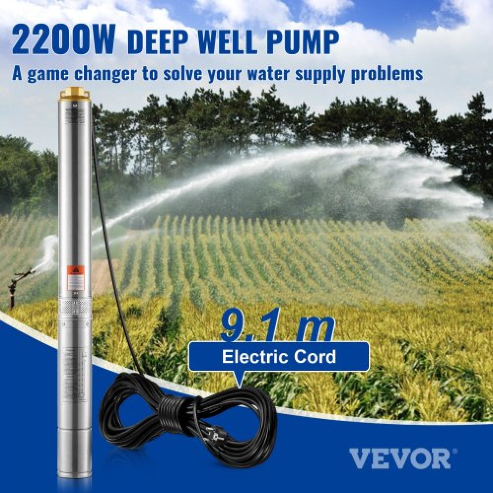 Υποβρύχια αντλία VEVOR Deep Well, 3HP/2200W 230V/50Hz, 9,8 m³/h Ροή 144 m Κεφαλή, με ηλεκτρικό καλώδιο 9,1 m, Αντλίες νερού από ανοξείδωτο χάλυβα για βιομηχανική, άρδευση και οικιακή χρήση, IP68 αδιάβροχο βαθμό