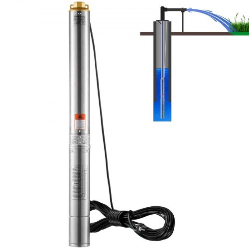 Υποβρύχια αντλία VEVOR Deep Well, 3HP/2200W 230V/50Hz, 9,8 m³/h Ροή 144 m Κεφαλή, με ηλεκτρικό καλώδιο 9,1 m, Αντλίες νερού από ανοξείδωτο χάλυβα για βιομηχανική, άρδευση και οικιακή χρήση, IP68 αδιάβροχο βαθμό