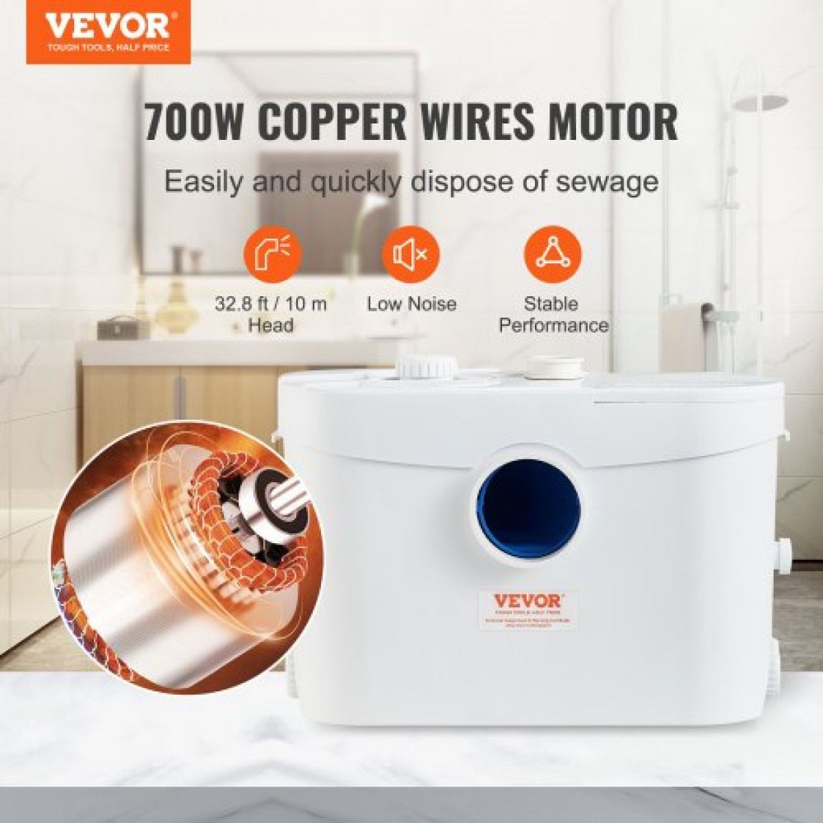 VEVOR Macerator Pump, 700W, 9600 L/h Flow, 32,8 ft/10 m Head, Macerator Pump Card Sump with 3 Water Introps for Wullet, Underground, Κουζίνα, Νεροχύτη, Ντους, Μπανιέρα Απόρριψη Λυμάτων Νερού