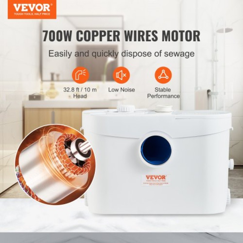 VEVOR Macerator Pump, 700W, 9600 L/h Flow, 32,8 ft/10 m Head, Macerator Pump Card Sump with 3 Water Introps for Wullet, Underground, Κουζίνα, Νεροχύτη, Ντους, Μπανιέρα Απόρριψη Λυμάτων Νερού
