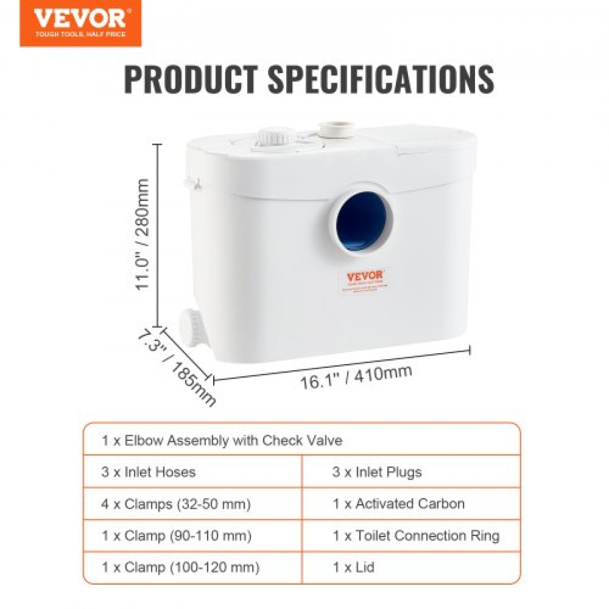 VEVOR Macerator Pump, 700W, 9600 L/h Flow, 32,8 ft/10 m Head, Macerator Pump Card Sump with 3 Water Introps for Wullet, Underground, Κουζίνα, Νεροχύτη, Ντους, Μπανιέρα Απόρριψη Λυμάτων Νερού