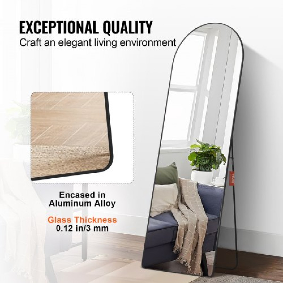 VEVOR Τοξωτός ολόσωμος καθρέφτης, 65" x 22", Μεγάλος Ελεύθερος Κρεμαστός Κρεμαστός Επιτοίχιος καθρέφτης δαπέδου με σκελετό από κράμα αλουμινίου, Ολόσωμος καθρέφτης για υπνοδωμάτιο σαλονιού, μαύρος