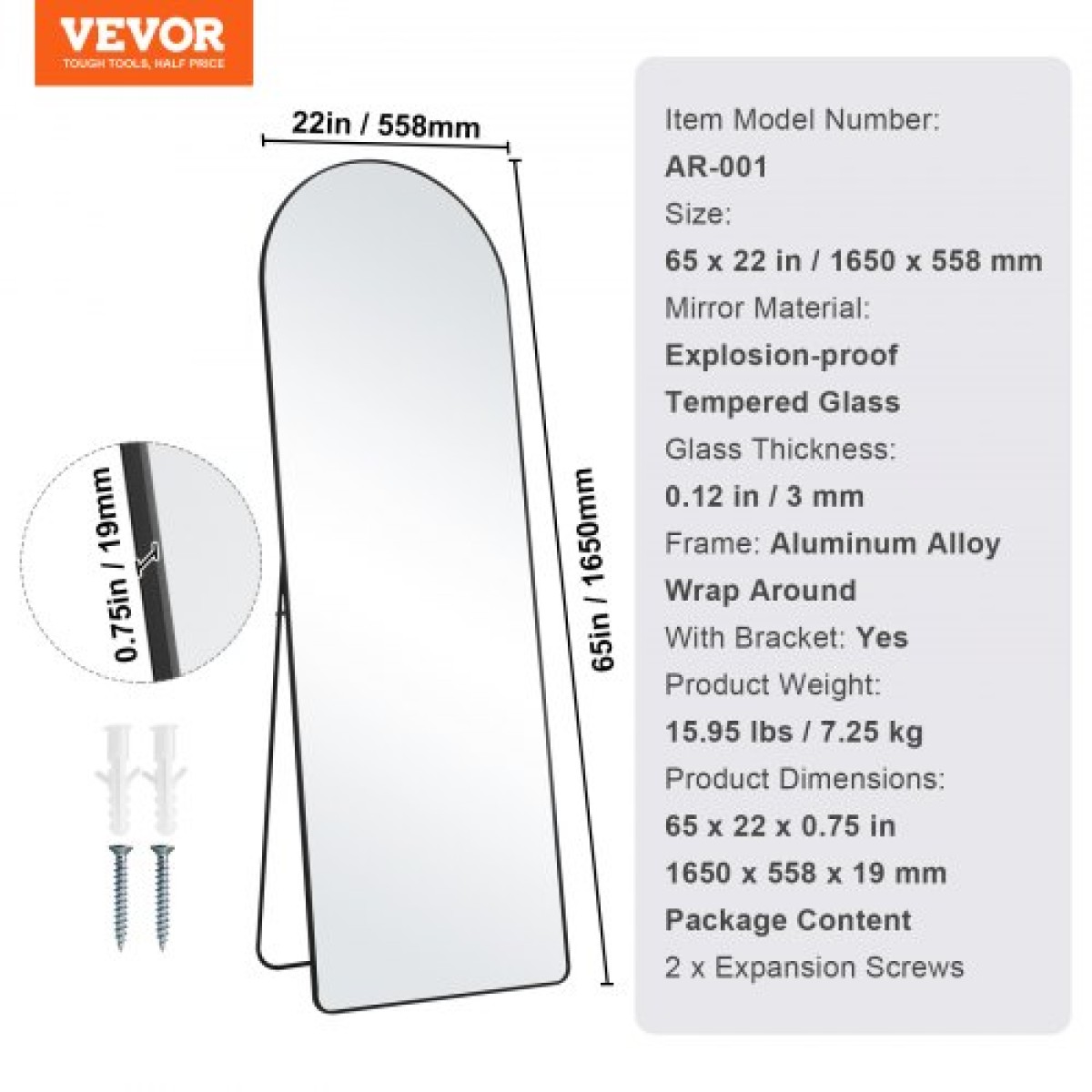 VEVOR Τοξωτός ολόσωμος καθρέφτης, 65" x 22", Μεγάλος Ελεύθερος Κρεμαστός Κρεμαστός Επιτοίχιος καθρέφτης δαπέδου με σκελετό από κράμα αλουμινίου, Ολόσωμος καθρέφτης για υπνοδωμάτιο σαλονιού, μαύρος