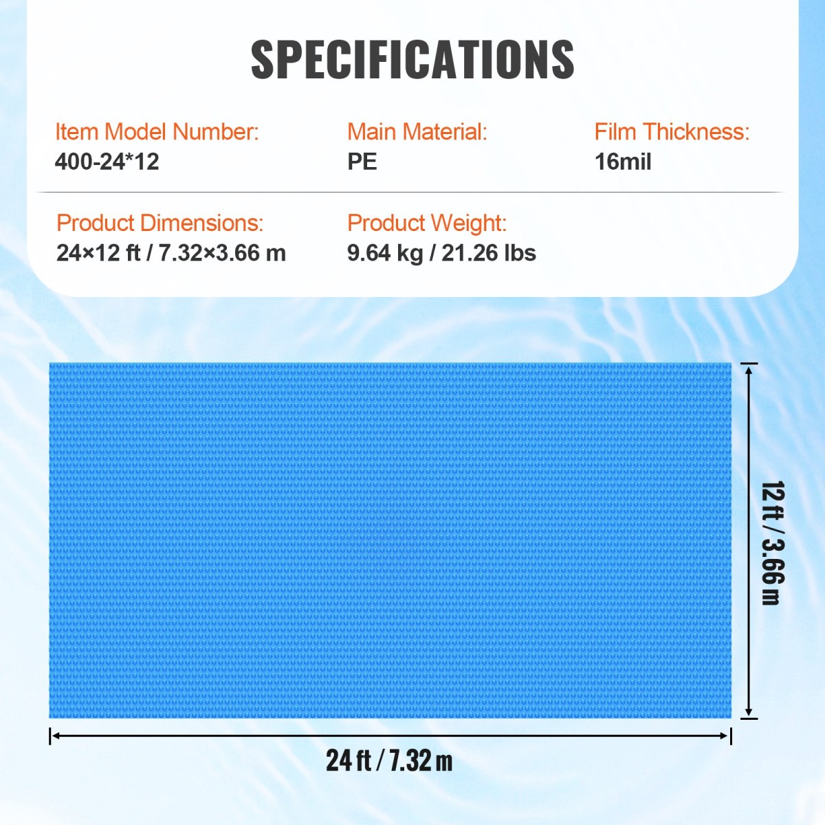 Ηλιακό κάλυμμα πισίνας VEVOR, 24 x 12 πόδια Ορθογώνια ηλιακή κουβέρτα για πισίνες, ηλιακό κάλυμμα πισίνας στο εσωτερικό του εδάφους, ηλιακό κάλυμμα 16 χιλιοστών Μπλε