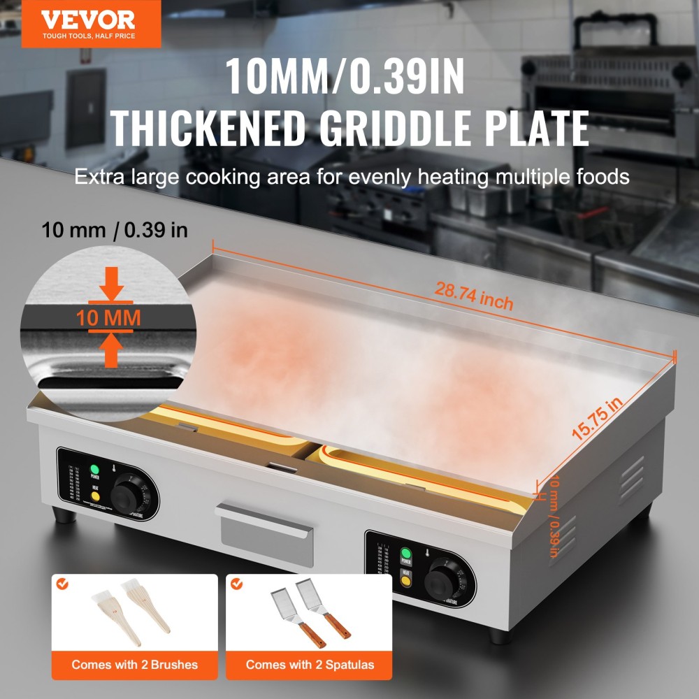 Εμπορική ηλεκτρική σχάρα VEVOR, 725 x 400 mm, 4400W, Ρυθμιζόμενος έλεγχος θερμοκρασίας 50-300°C, Πλήρης επίπεδη επιφάνεια ψησταριάς από ανοξείδωτο ατσάλι με 2 σπάτουλες και 2 βούρτσες, για μπριζόλα και τηγανίτα (ΧΩΡΙΣ ΠΙΣΩ)
