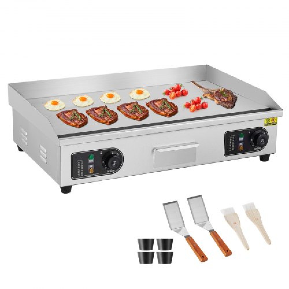 Εμπορική ηλεκτρική σχάρα VEVOR, 725 x 400 mm, 4400W, Ρυθμιζόμενος έλεγχος θερμοκρασίας 50-300°C, Πλήρης επίπεδη επιφάνεια ψησταριάς από ανοξείδωτο ατσάλι με 2 σπάτουλες και 2 βούρτσες, για μπριζόλα και τηγανίτα (ΧΩΡΙΣ ΠΙΣΩ)