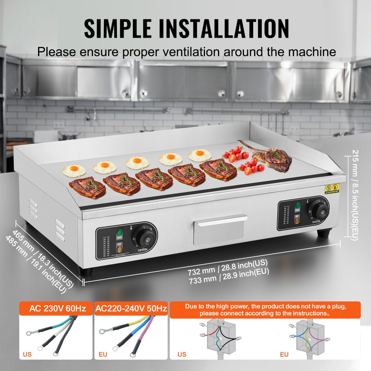 Εμπορική ηλεκτρική σχάρα VEVOR, 725 x 400 mm, 4400W, Ρυθμιζόμενος έλεγχος θερμοκρασίας 50-300°C, Πλήρης επίπεδη επιφάνεια ψησταριάς από ανοξείδωτο ατσάλι με 2 σπάτουλες και 2 βούρτσες, για μπριζόλα και τηγανίτα (ΧΩΡΙΣ ΠΙΣΩ)