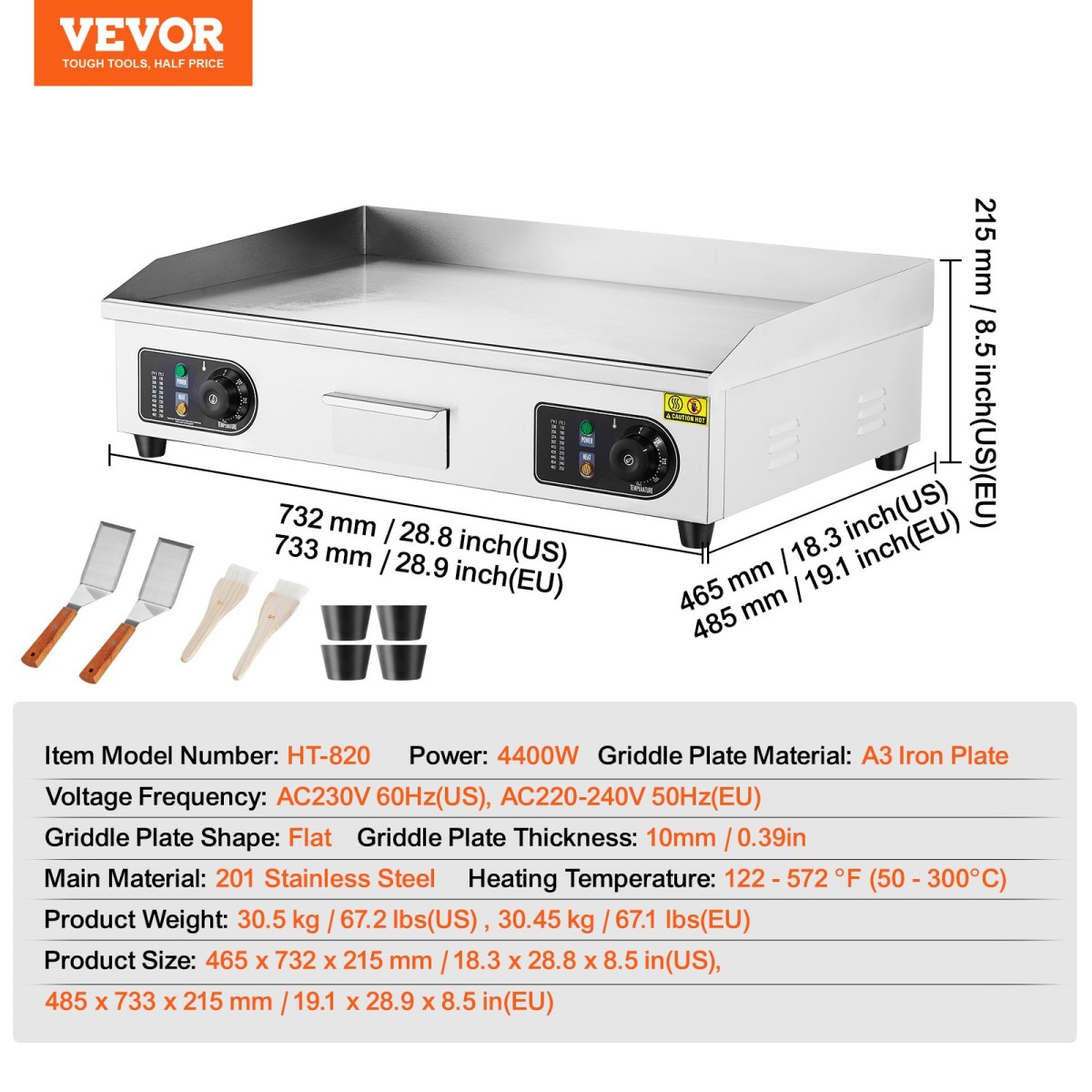 Εμπορική ηλεκτρική σχάρα VEVOR, 725 x 400 mm, 4400W, Ρυθμιζόμενος έλεγχος θερμοκρασίας 50-300°C, Πλήρης επίπεδη επιφάνεια ψησταριάς από ανοξείδωτο ατσάλι με 2 σπάτουλες και 2 βούρτσες, για μπριζόλα και τηγανίτα (ΧΩΡΙΣ ΠΙΣΩ)