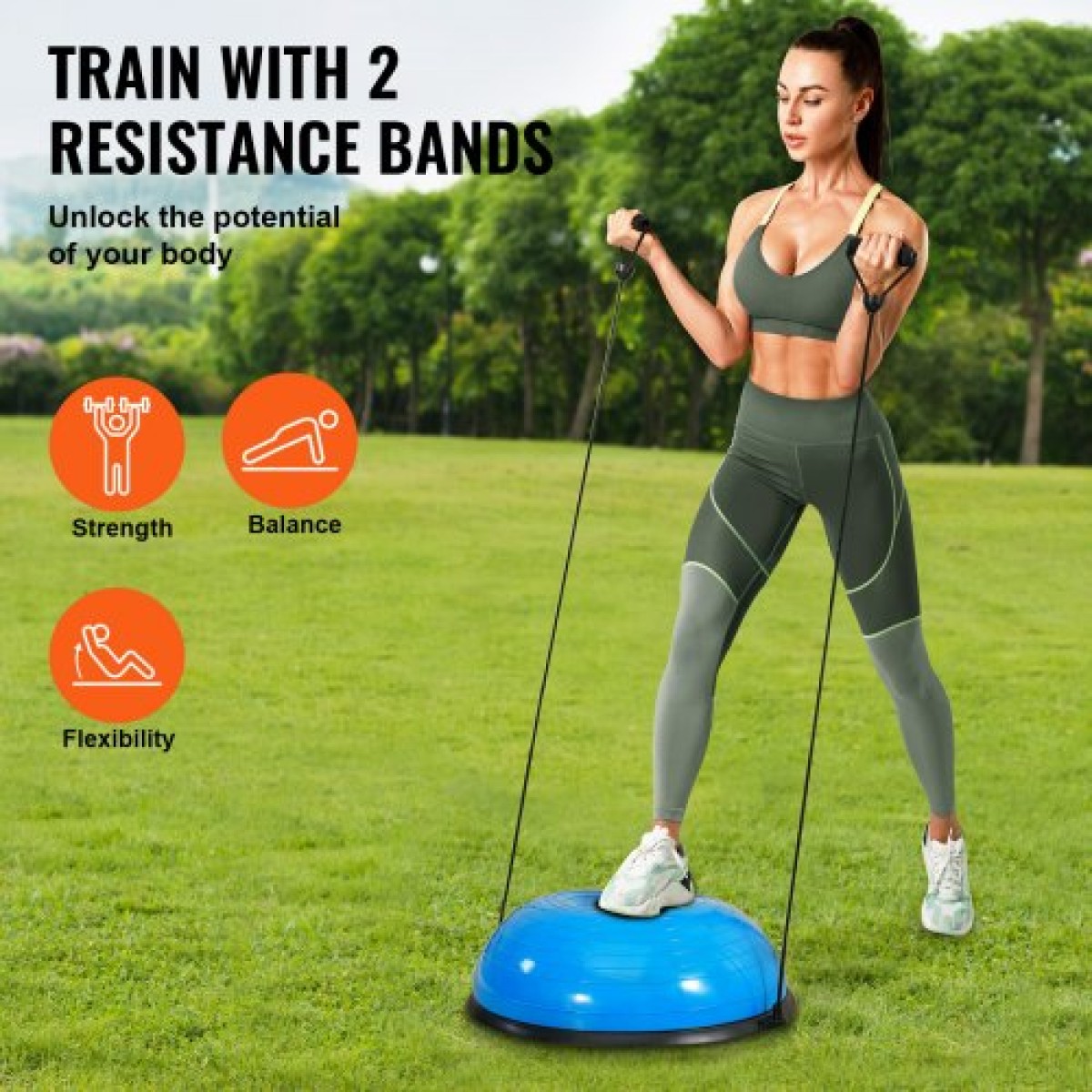 VEVOR Half Exercise Ball Trainer, 23 ιντσών Balance Ball Trainer, 660lbs Capacity Stability Ball, Yoga Ball with Resistance Bands & Foot Pump, Strength Fitness Ball for Home Gym, Full Body Workout, Μπλε