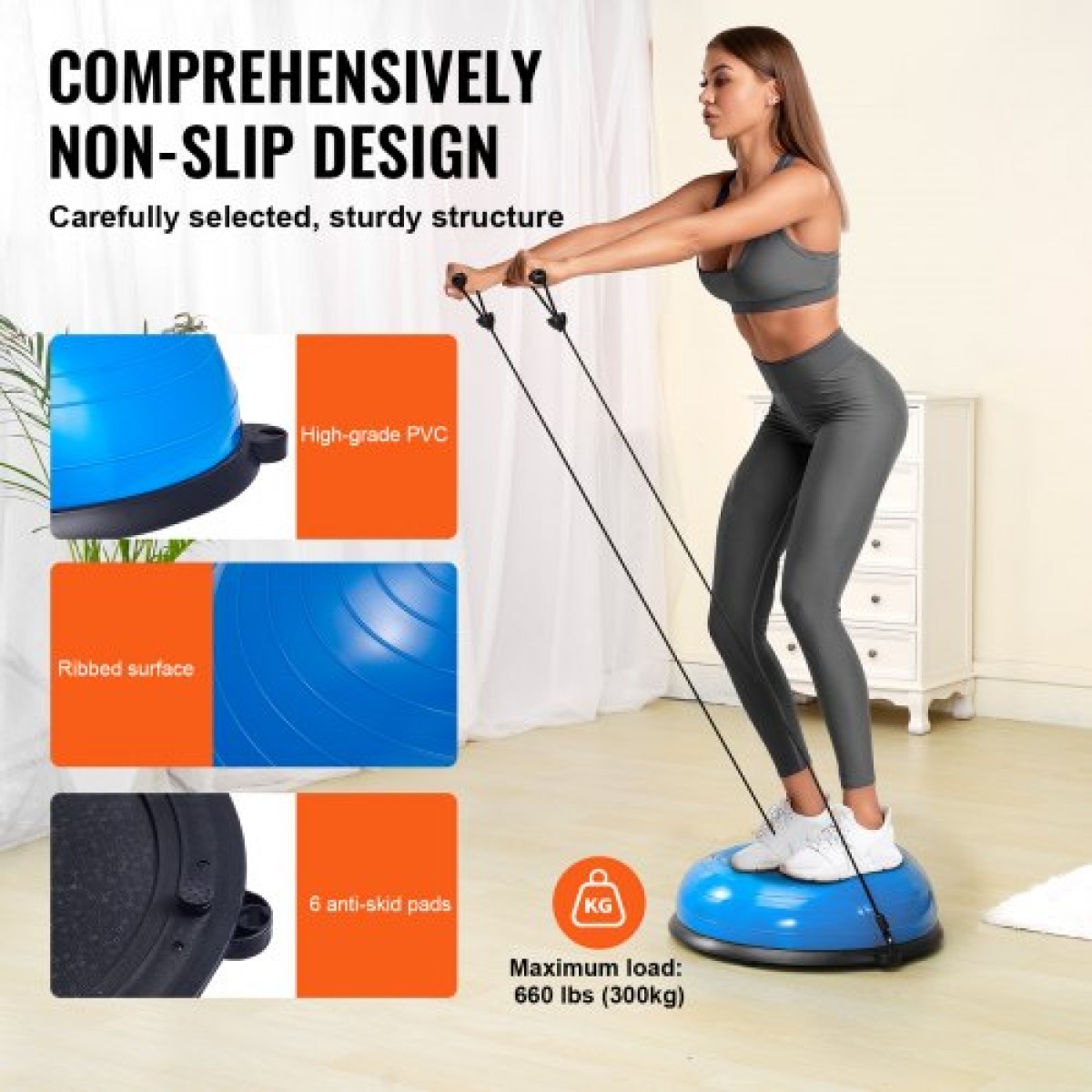 VEVOR Half Exercise Ball Trainer, 23 ιντσών Balance Ball Trainer, 660lbs Capacity Stability Ball, Yoga Ball with Resistance Bands & Foot Pump, Strength Fitness Ball for Home Gym, Full Body Workout, Μπλε