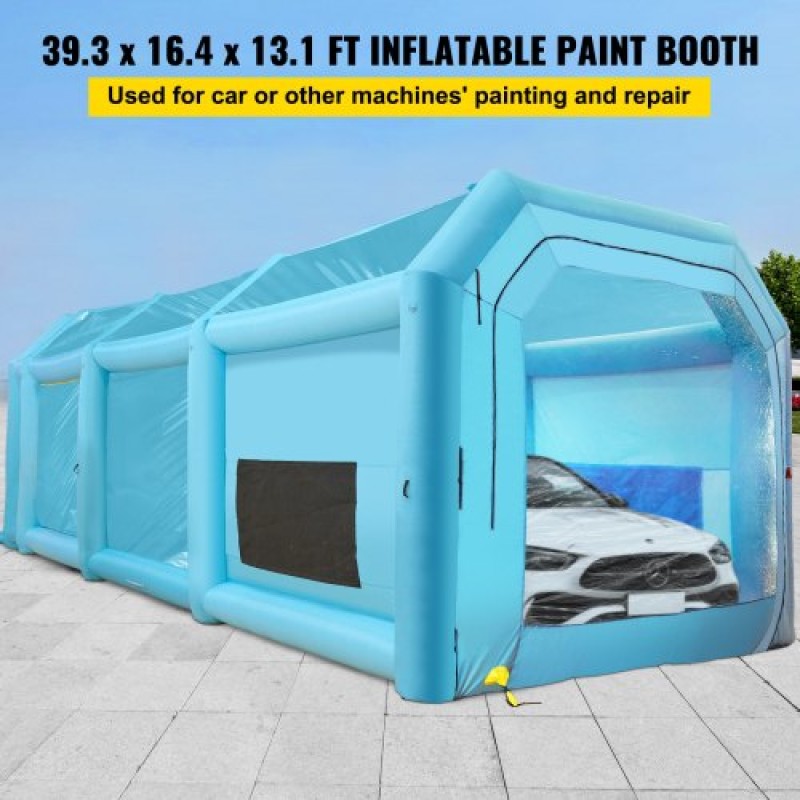 Φουσκωτός θάλαμος βαφής VEVOR, 39,4x16,4x13,1 ft Θάλαμος ψεκασμού, με 2 ισχυρούς φυσητήρες, φουσκωτός θάλαμος ψεκασμού με σύστημα φίλτρου αέρα, θάλαμος βαφής αυτοκινήτου για σταθμό εργασίας σκηνής στάθμευσης αυτοκινήτων, μπλε