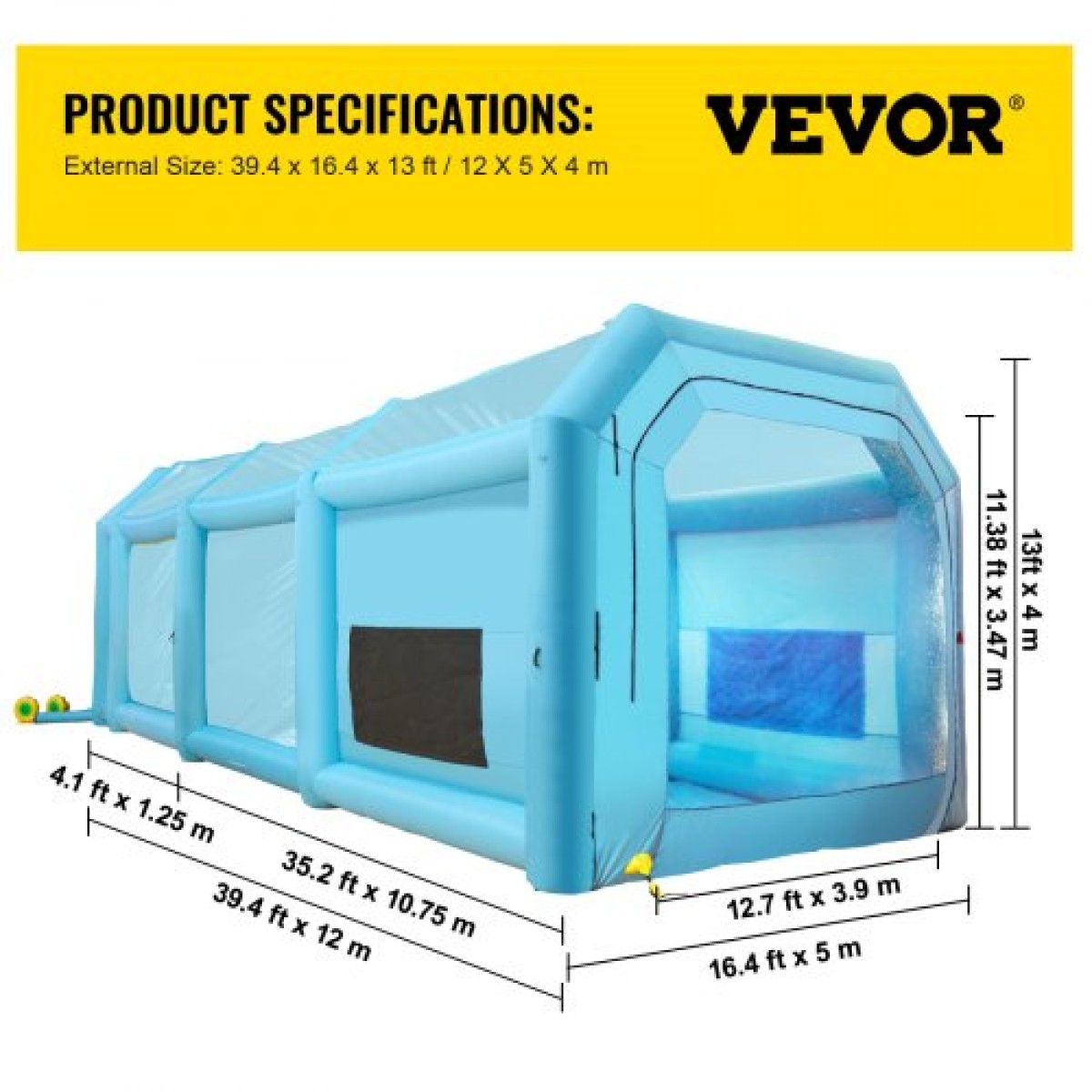 Φουσκωτός θάλαμος βαφής VEVOR, 39,4x16,4x13,1 ft Θάλαμος ψεκασμού, με 2 ισχυρούς φυσητήρες, φουσκωτός θάλαμος ψεκασμού με σύστημα φίλτρου αέρα, θάλαμος βαφής αυτοκινήτου για σταθμό εργασίας σκηνής στάθμευσης αυτοκινήτων, μπλε