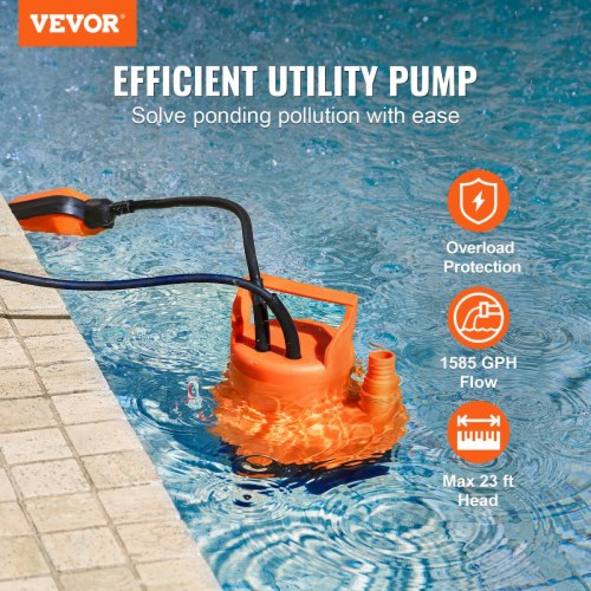 VEVOR Submersible Utility Pump Pump Pump Pump 320W 1585 GPH/6002 LPH 23 ft/7 m Head Water Pump