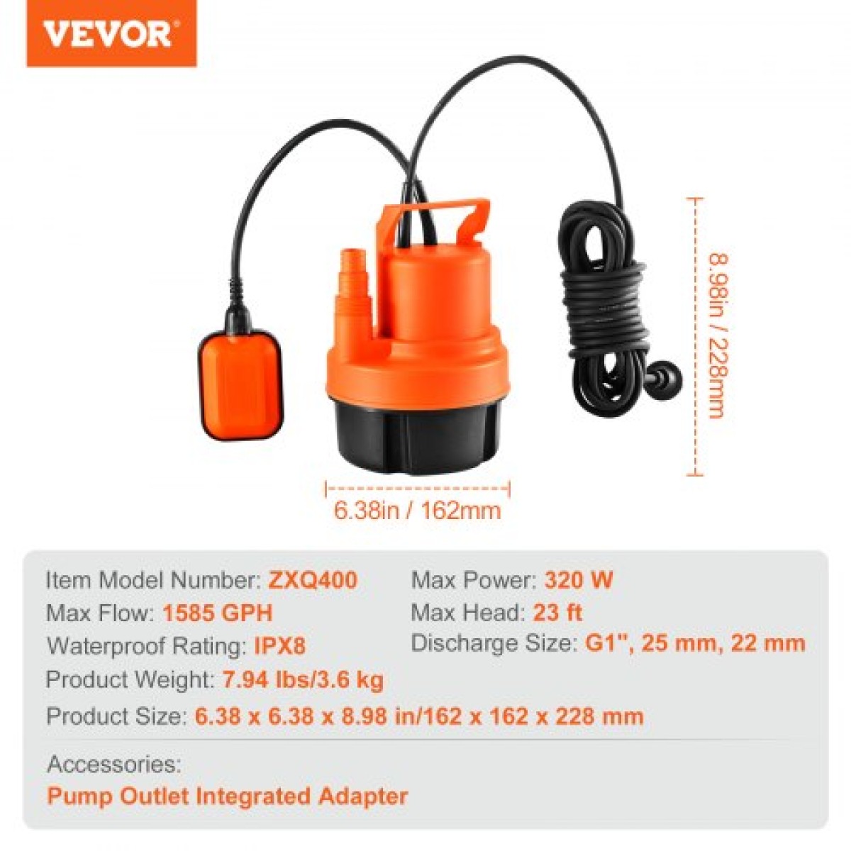 VEVOR Submersible Utility Pump Pump Pump Pump 320W 1585 GPH/6002 LPH 23 ft/7 m Head Water Pump