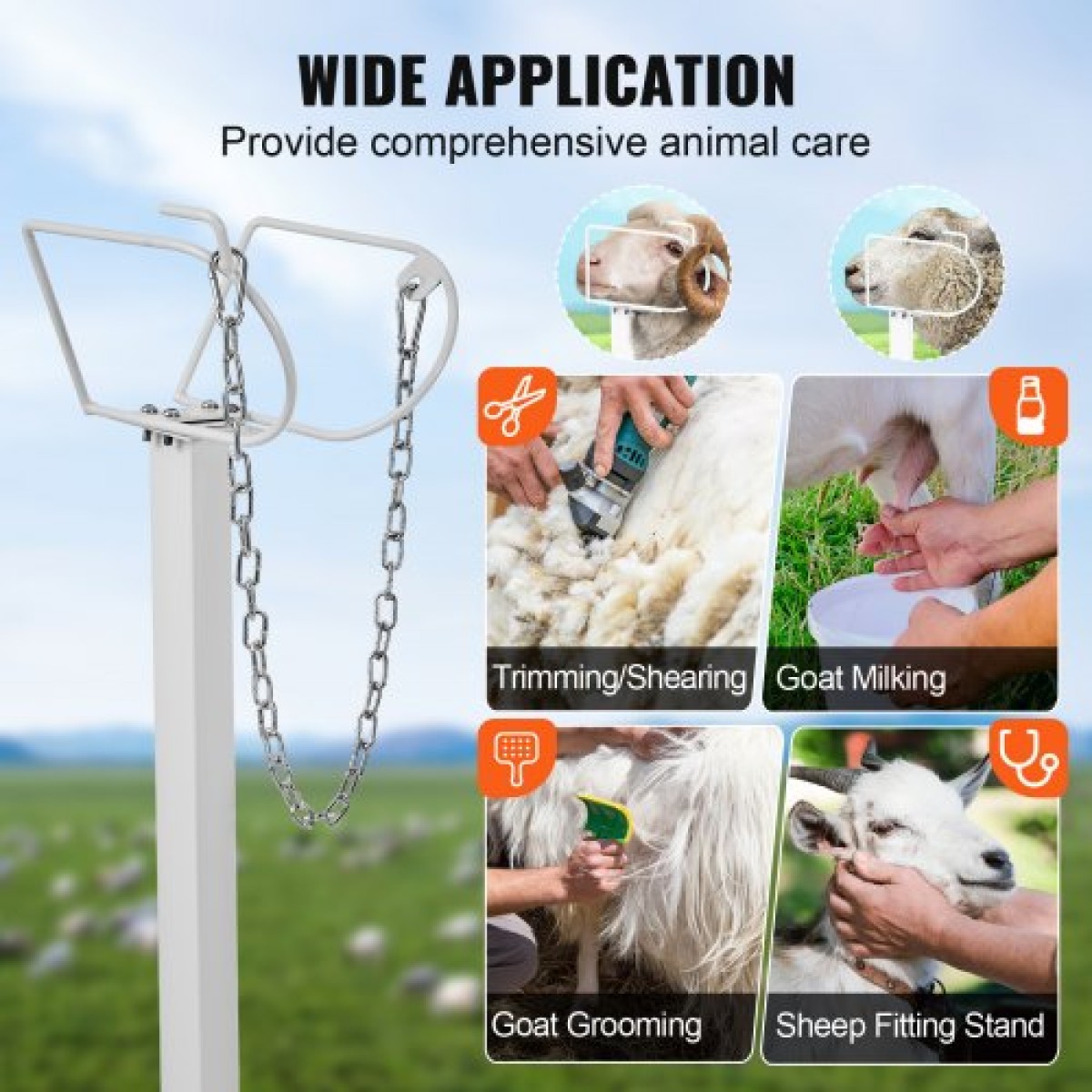 Βάση VEVOR Goat & Sheep, 47x23 ιντσών Livestock Stand, Μεταλλική βάση για άρμεγμα και κούρεμα ζώων 21" έως 33" Ρυθμιζόμενο ύψος, με κεφαλή και βρόχο μύτης, βάρος φόρτωσης 500lbs, λευκό