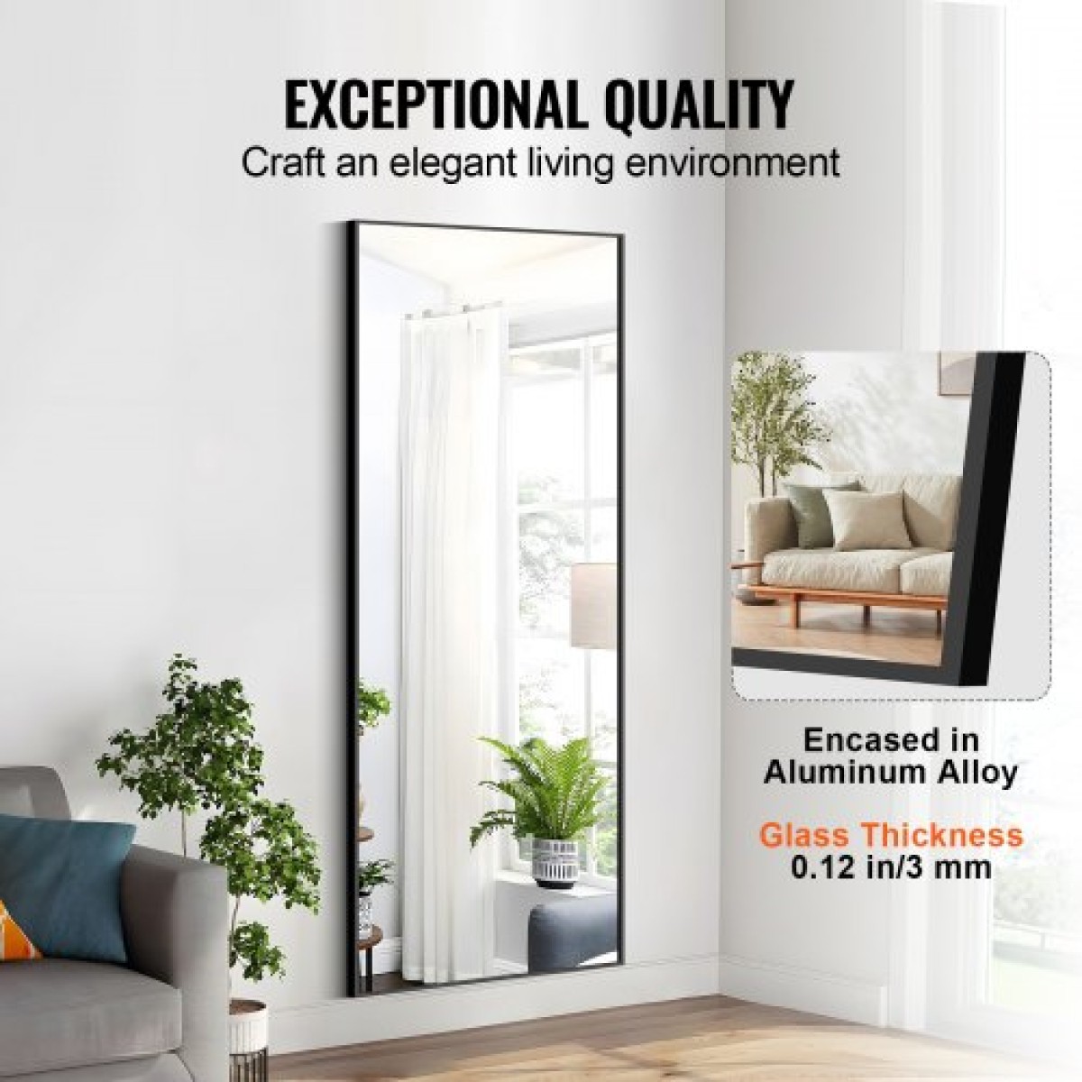Ολόσωμος καθρέφτης VEVOR, 71" x 31", Εξαιρετικά μεγάλος όρθιος κρεμαστός ή κεκλιμένος ορθογώνιος καθρέφτης δαπέδου με σκελετό από κράμα αλουμινίου από σκληρυμένο γυαλί, ολόσωμος καθρέφτης για υπνοδωμάτιο σαλονιού, μαύρος
