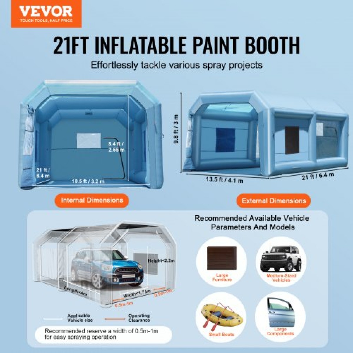 Φουσκωτός θάλαμος βαφής VEVOR, 21 x 13,5 x 9,8 ft/6,4 x 4,1 x 3 m Φουσκωτός θάλαμος ψεκασμού, με ισχυρό ανεμιστήρα και σύστημα φίλτρου αέρα 1100 W, φορητός θάλαμος βαφής αυτοκινήτου για μεσαίου μεγέθους οχήματα, βαφή μεγάλων επίπλων