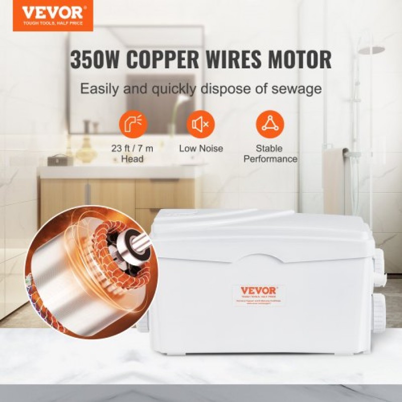 VEVOR Macerator Pump, 350W, 6000 L/h Flow, 23 ft/7 m Head, Macerator Pump Card Supply with 3 Introps Water for Underground, Κουζίνα, Νεροχύτη, Ντους, Μπανιέρα, Μηχάνημα Απόρριψης Λυμάτων Πλυντηρίου