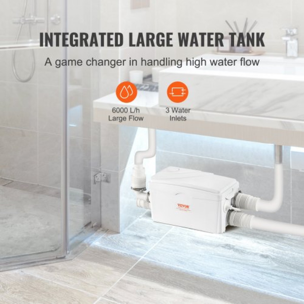 VEVOR Macerator Pump, 350W, 6000 L/h Flow, 23 ft/7 m Head, Macerator Pump Card Supply with 3 Introps Water for Underground, Κουζίνα, Νεροχύτη, Ντους, Μπανιέρα, Μηχάνημα Απόρριψης Λυμάτων Πλυντηρίου