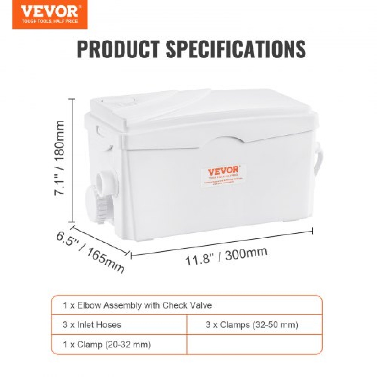 VEVOR Macerator Pump, 350W, 6000 L/h Flow, 23 ft/7 m Head, Macerator Pump Card Supply with 3 Introps Water for Underground, Κουζίνα, Νεροχύτη, Ντους, Μπανιέρα, Μηχάνημα Απόρριψης Λυμάτων Πλυντηρίου
