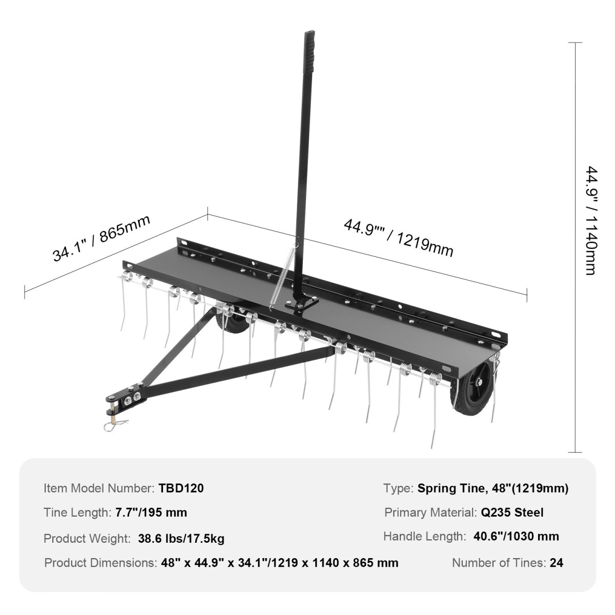 VEVOR Tow Behind Dethatcher, 48 ιντσών Tow Dethatcher με 24 Spring Steel Tines, Lawn Dethatcher Rake για ATV ή Mower, Tow Behind Lawn Rake with Lift Handle for Garden Farm Grass